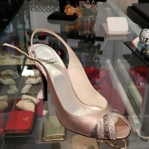 Stuart Weitzman Gray Satin Rhinestone Heels
